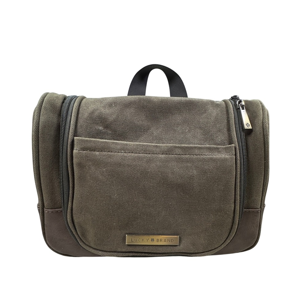 Lucky Brand Men's Toiletry Bag Canvas Hanging Travel Kit Brown Green Organizer